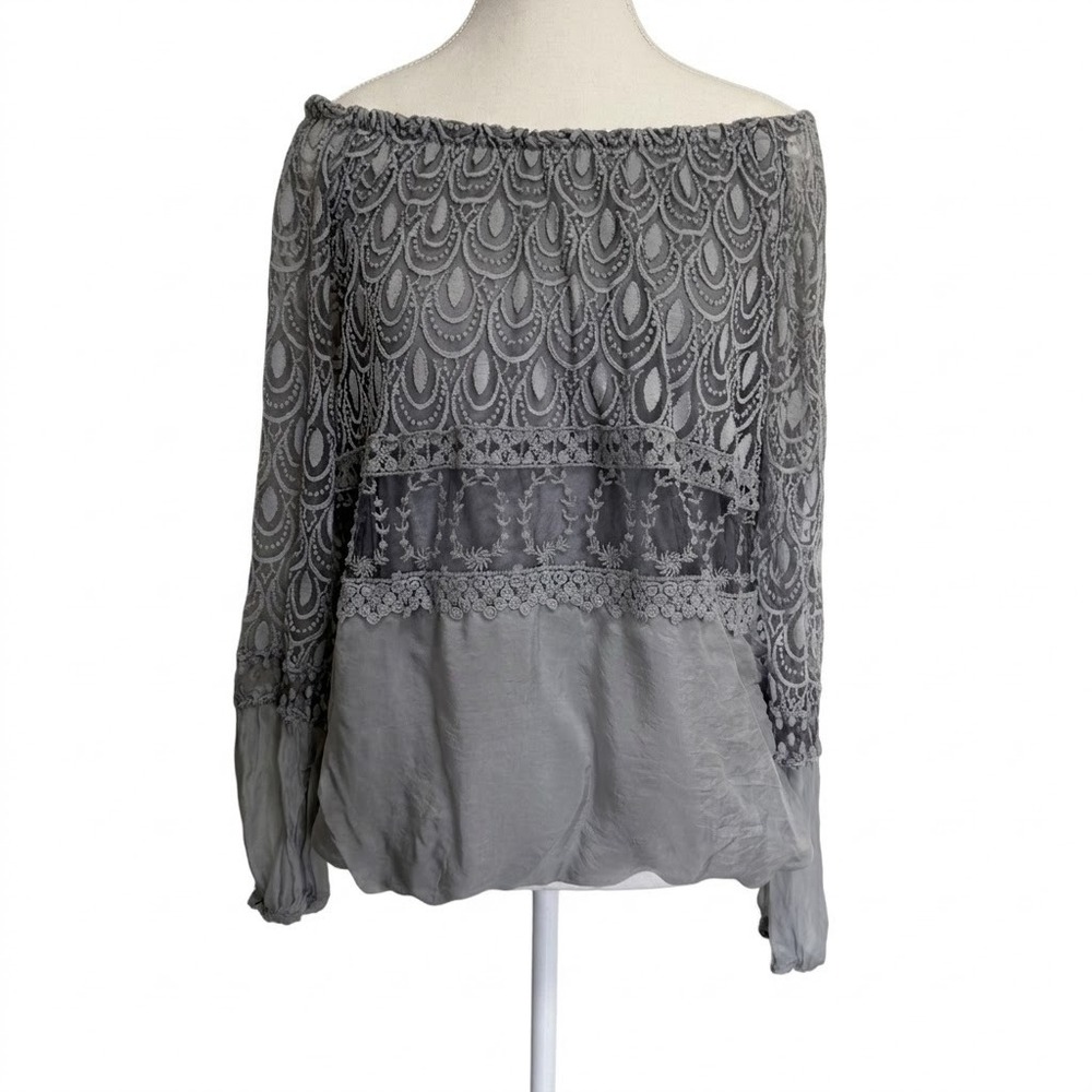 Bella Amore Lace Silk Off Shoulder Blouse Gray Womens OS Made in Italy Boho